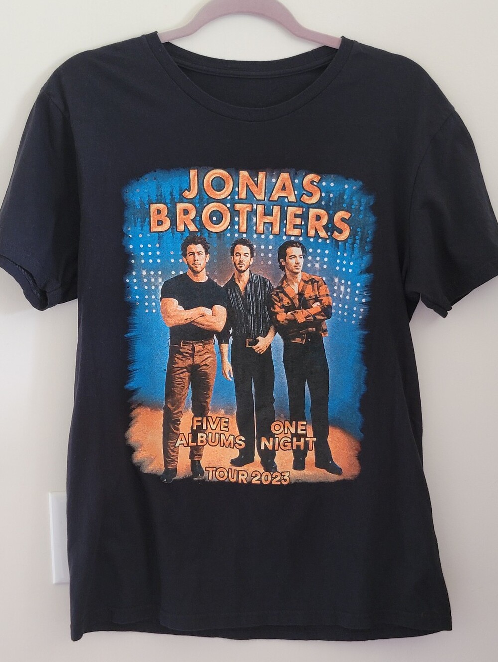 Gildan Black Jonas Brothers Graphic Tee Sz M with Blue and Orange Artwork UNISEX